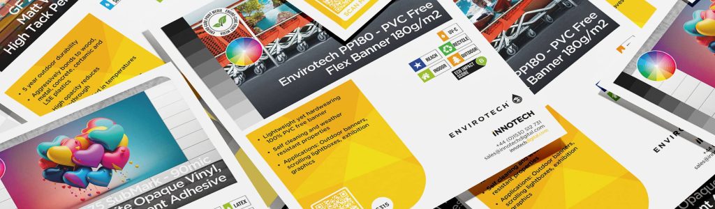 A4 printed product swatch samples created for Innotech, showcasing vibrant artwork and print quality on different substrates.